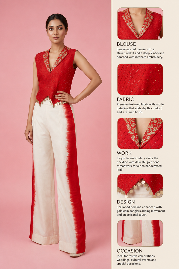 Red Embellished Waistcoat Top with Ivory Wide-Leg Palazzo Co-Ord Set