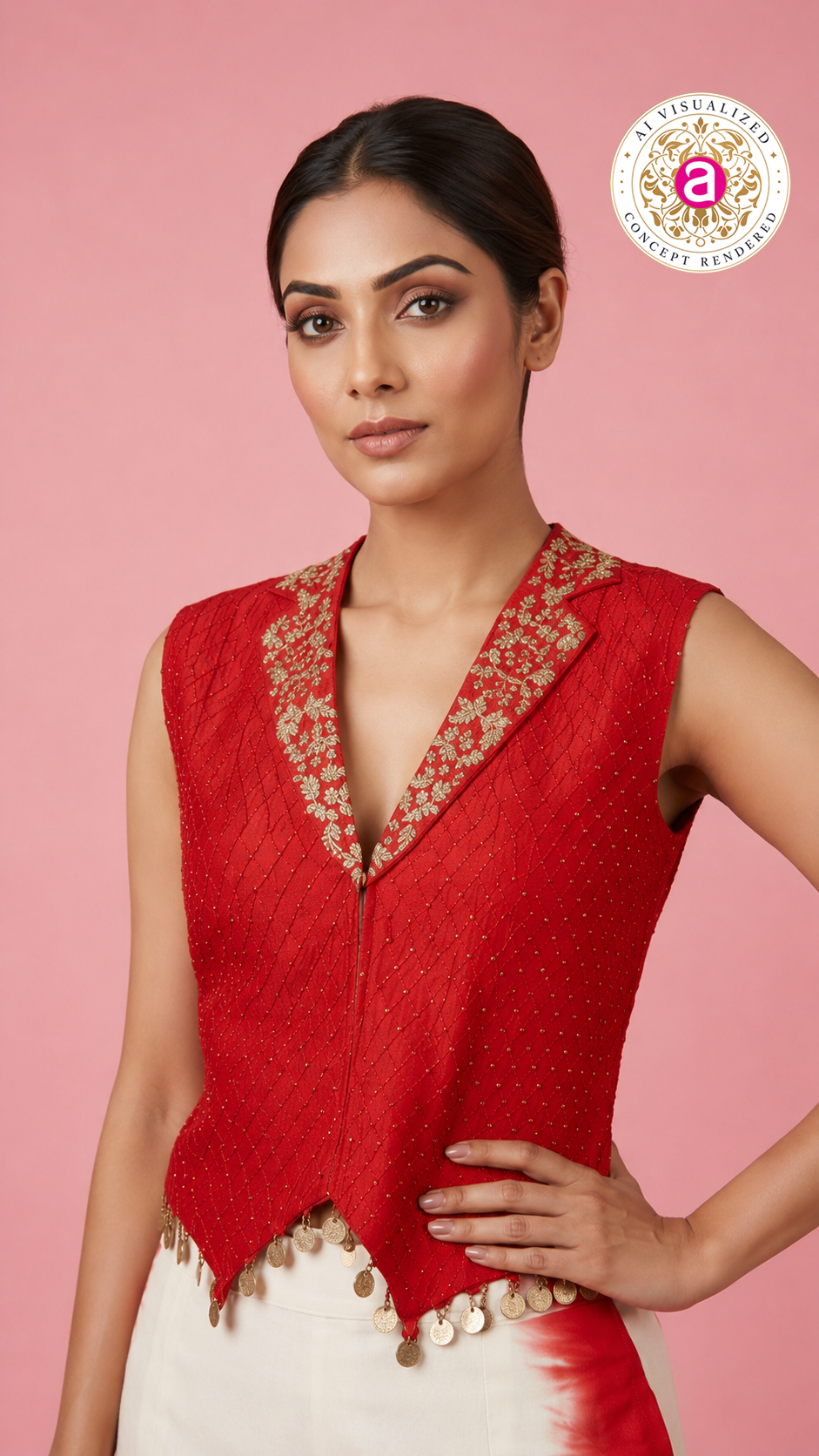 Red Embellished Waistcoat Top with Ivory Wide-Leg Palazzo Co-Ord Set