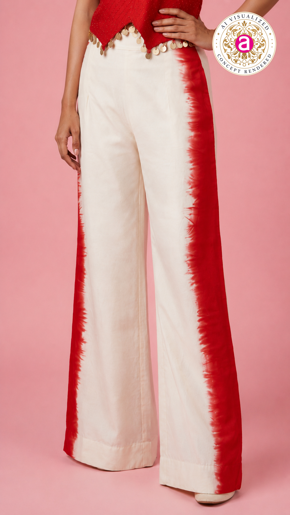 Red Embellished Waistcoat Top with Ivory Wide-Leg Palazzo Co-Ord Set