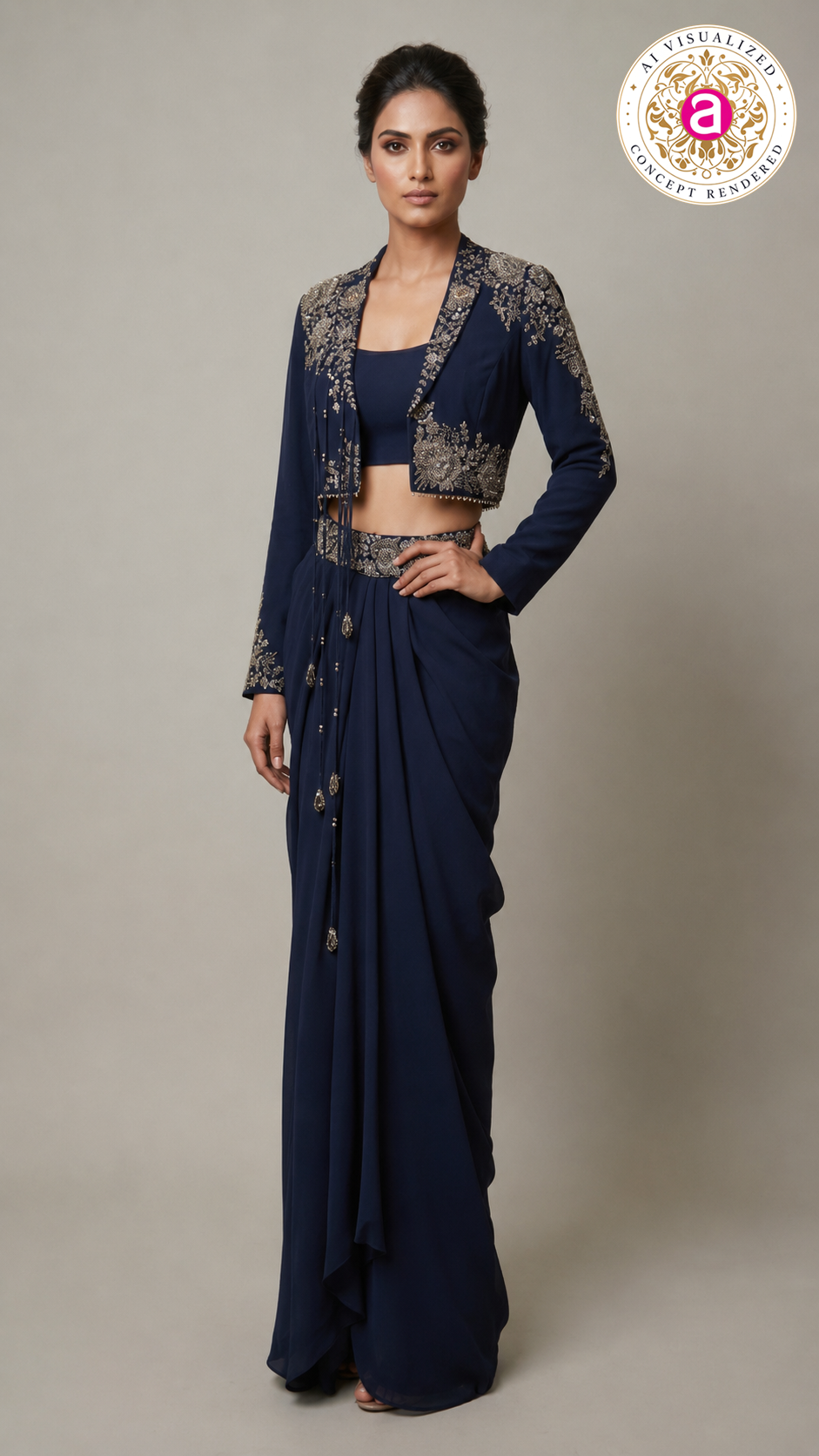 Midnight Navy Indo-Western Drape Set with Embroidered Jacket