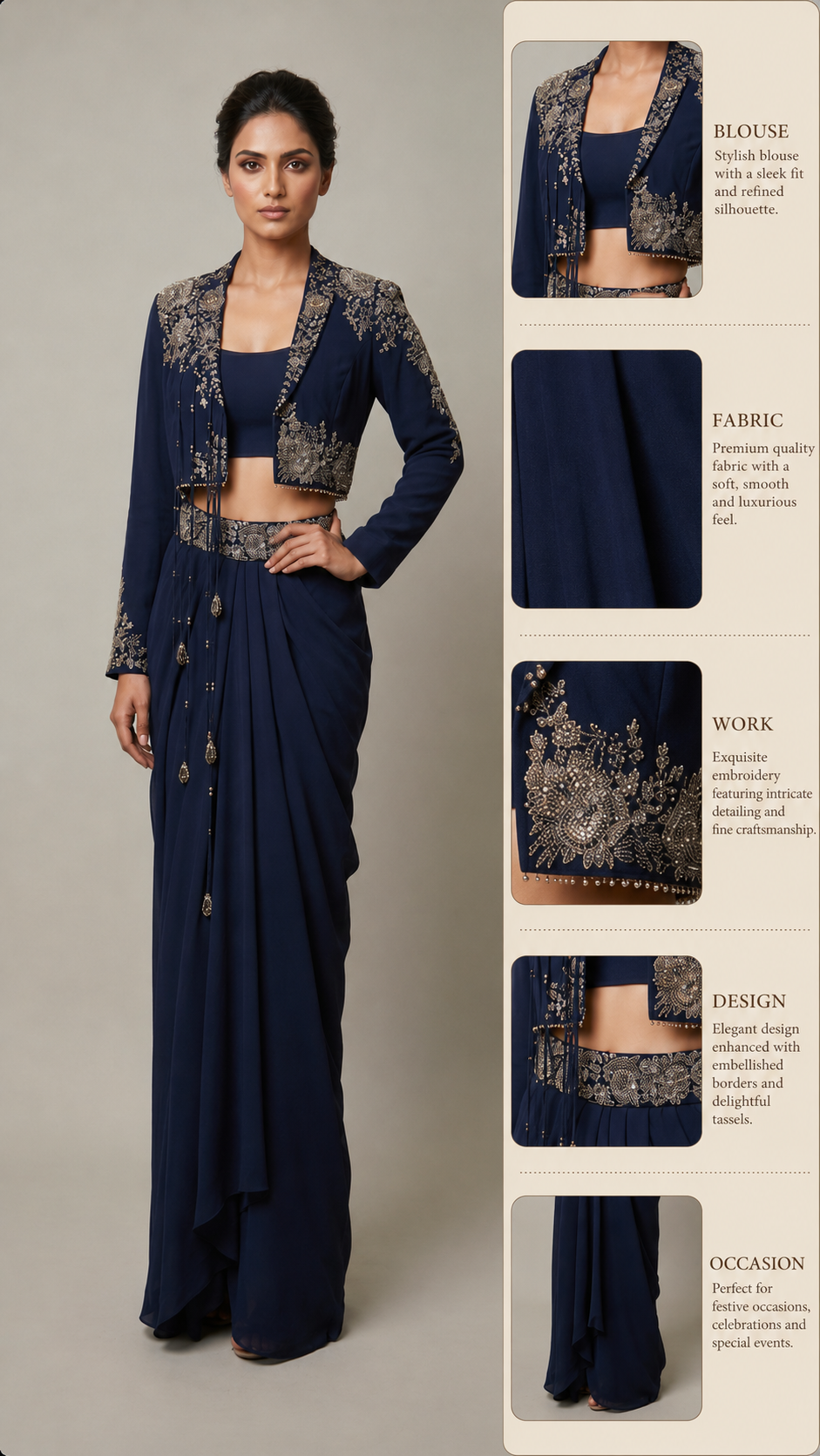 Midnight Navy Indo-Western Drape Set with Embroidered Jacket