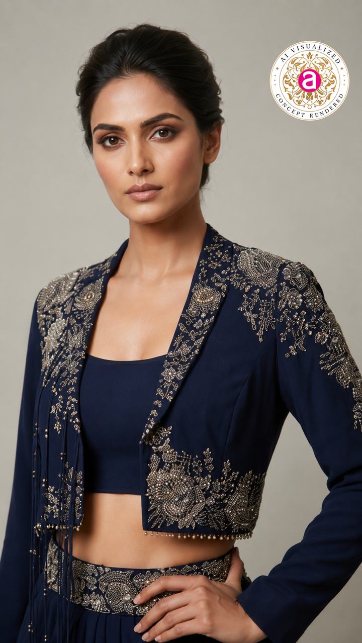 Midnight Navy Indo-Western Drape Set with Embroidered Jacket