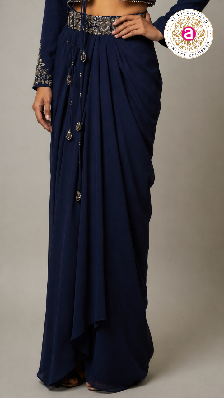 Midnight Navy Indo-Western Drape Set with Embroidered Jacket