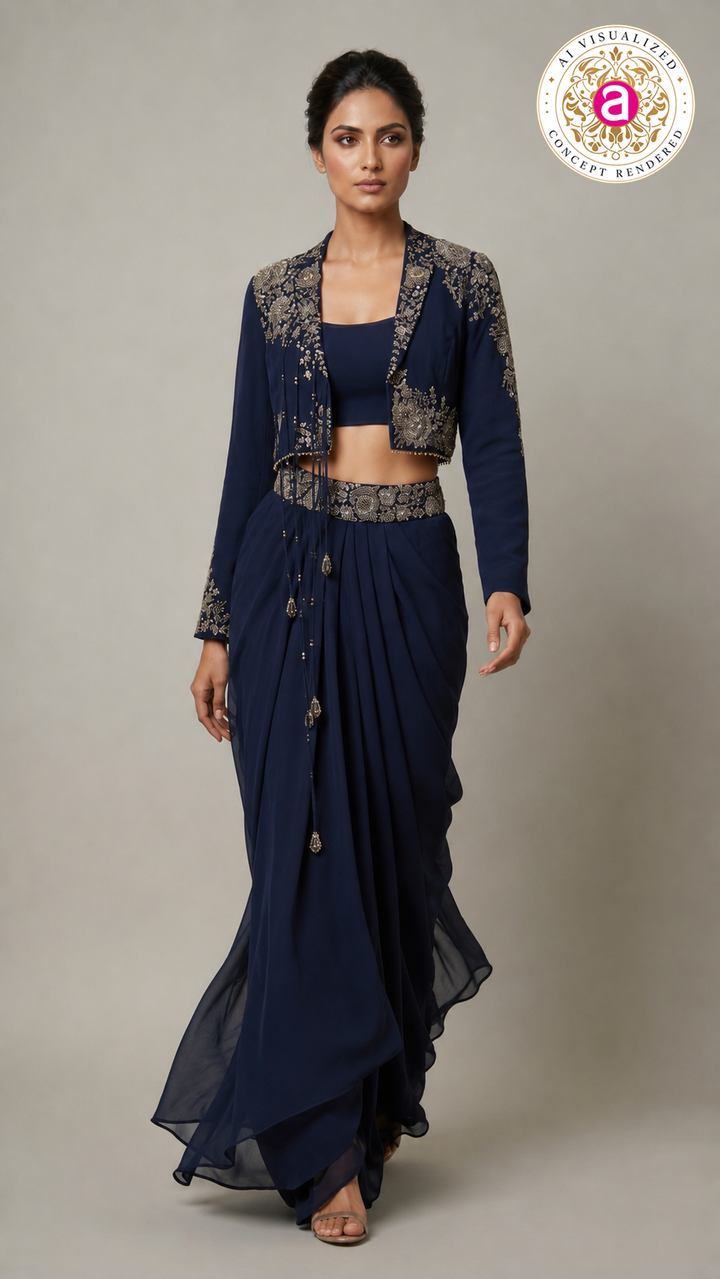 Midnight Navy Indo-Western Drape Set with Embroidered Jacket