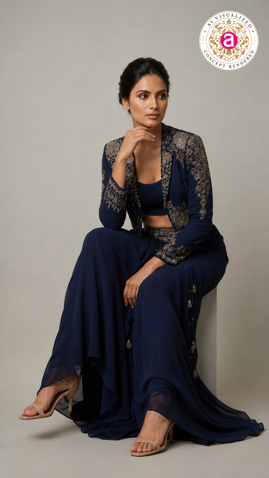 Midnight Navy Indo-Western Drape Set with Embroidered Jacket