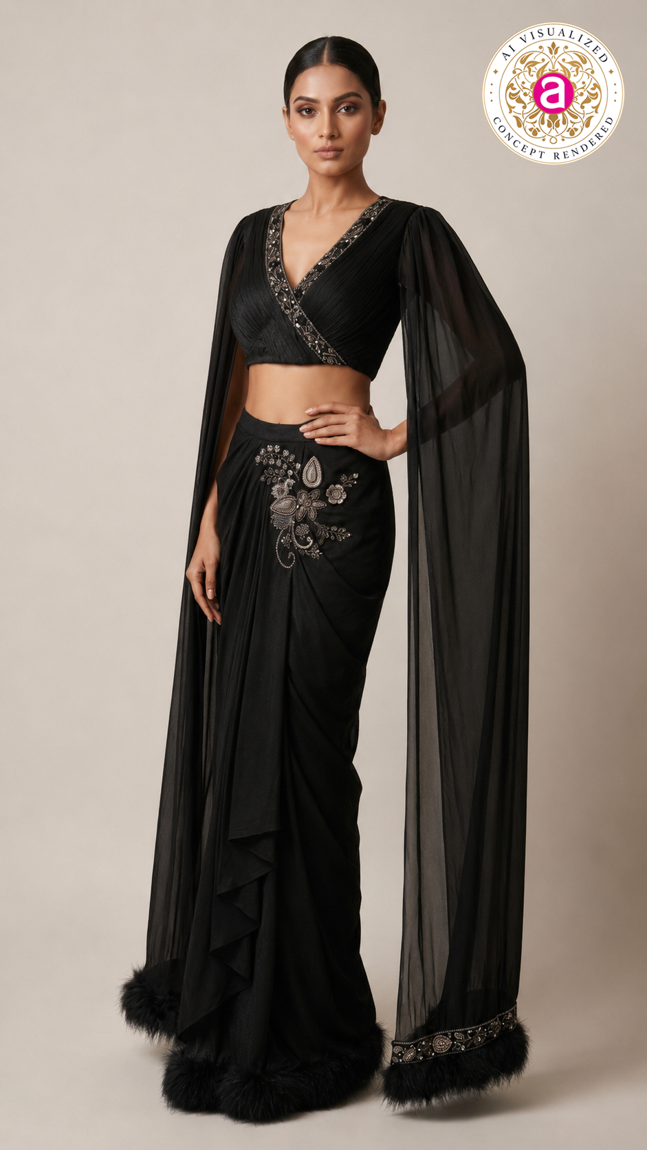 Black Glam Indo-Western Drape Saree with Cape Sleeves