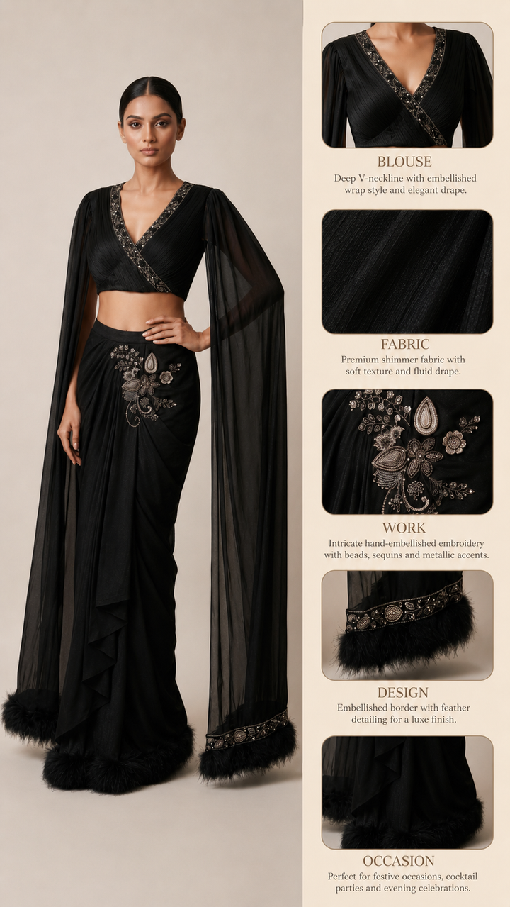 Black Glam Indo-Western Drape Saree with Cape Sleeves
