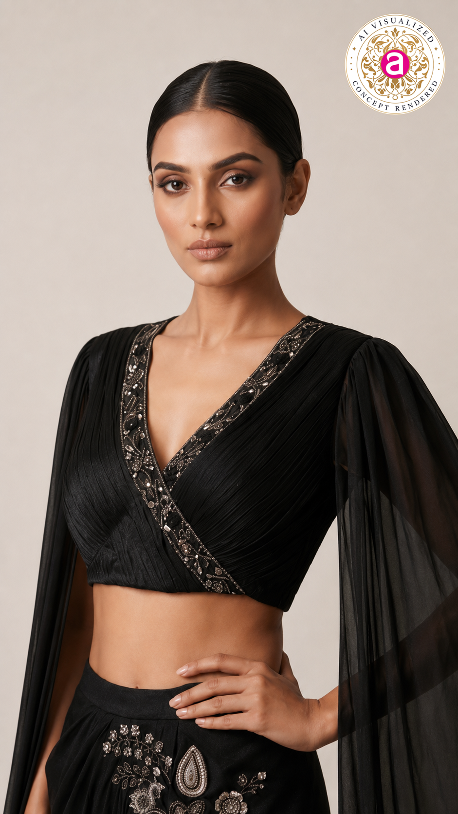 Black Glam Indo-Western Drape Saree with Cape Sleeves