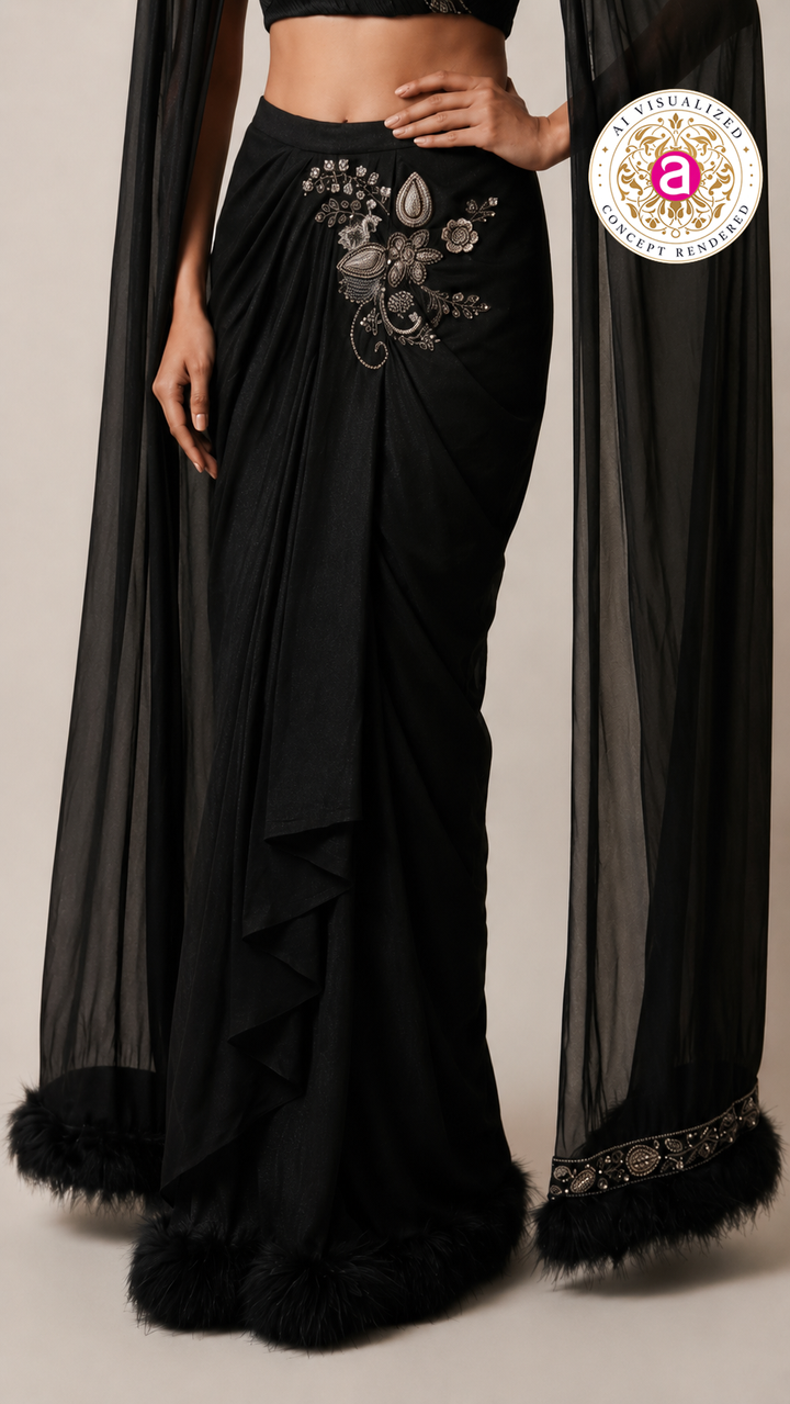 Black Glam Indo-Western Drape Saree with Cape Sleeves