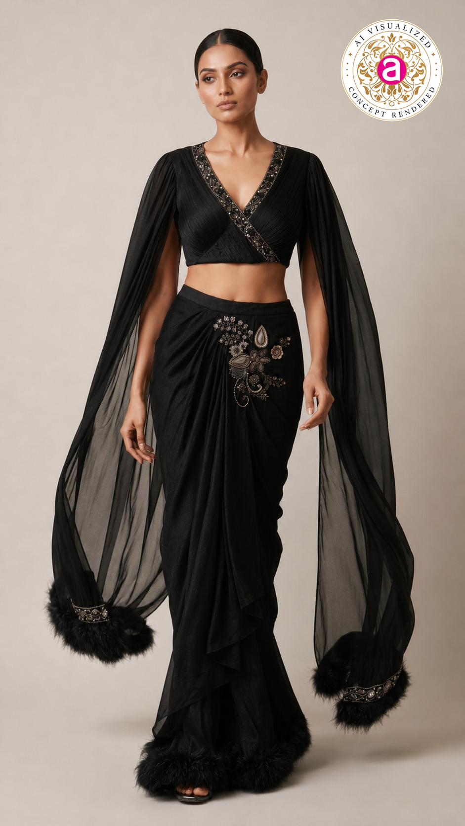 Black Glam Indo-Western Drape Saree with Cape Sleeves