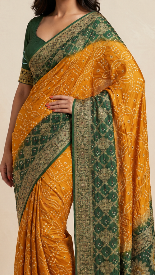 Mustard Yellow & Forest Green Bandhani Silk Saree with Zari Border