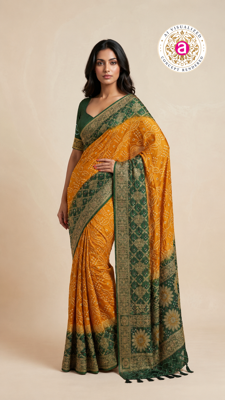 Mustard Yellow & Forest Green Bandhani Silk Saree with Zari Border