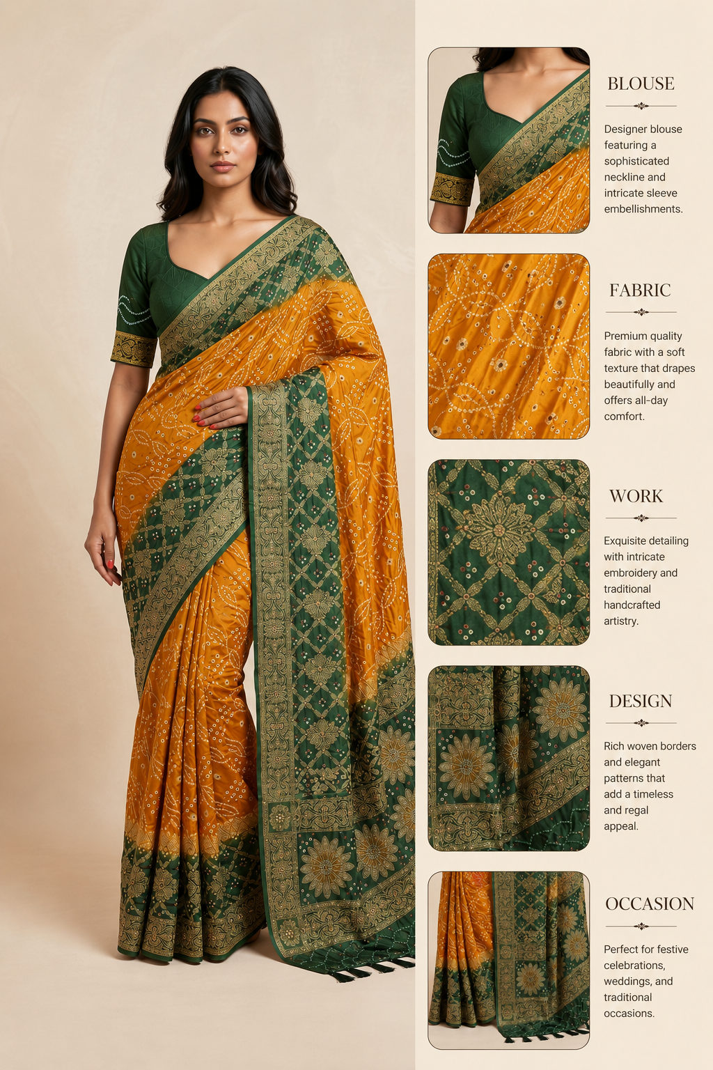 Mustard Yellow & Forest Green Bandhani Silk Saree with Zari Border