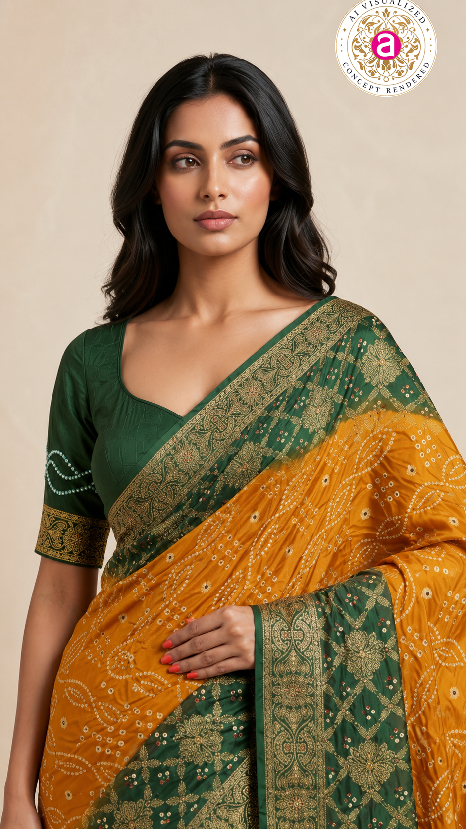 Mustard Yellow & Forest Green Bandhani Silk Saree with Zari Border