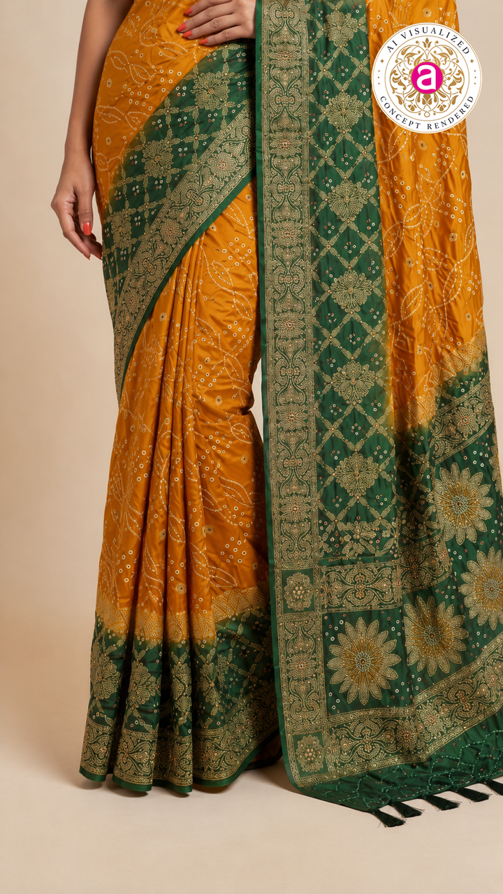 Mustard Yellow & Forest Green Bandhani Silk Saree with Zari Border