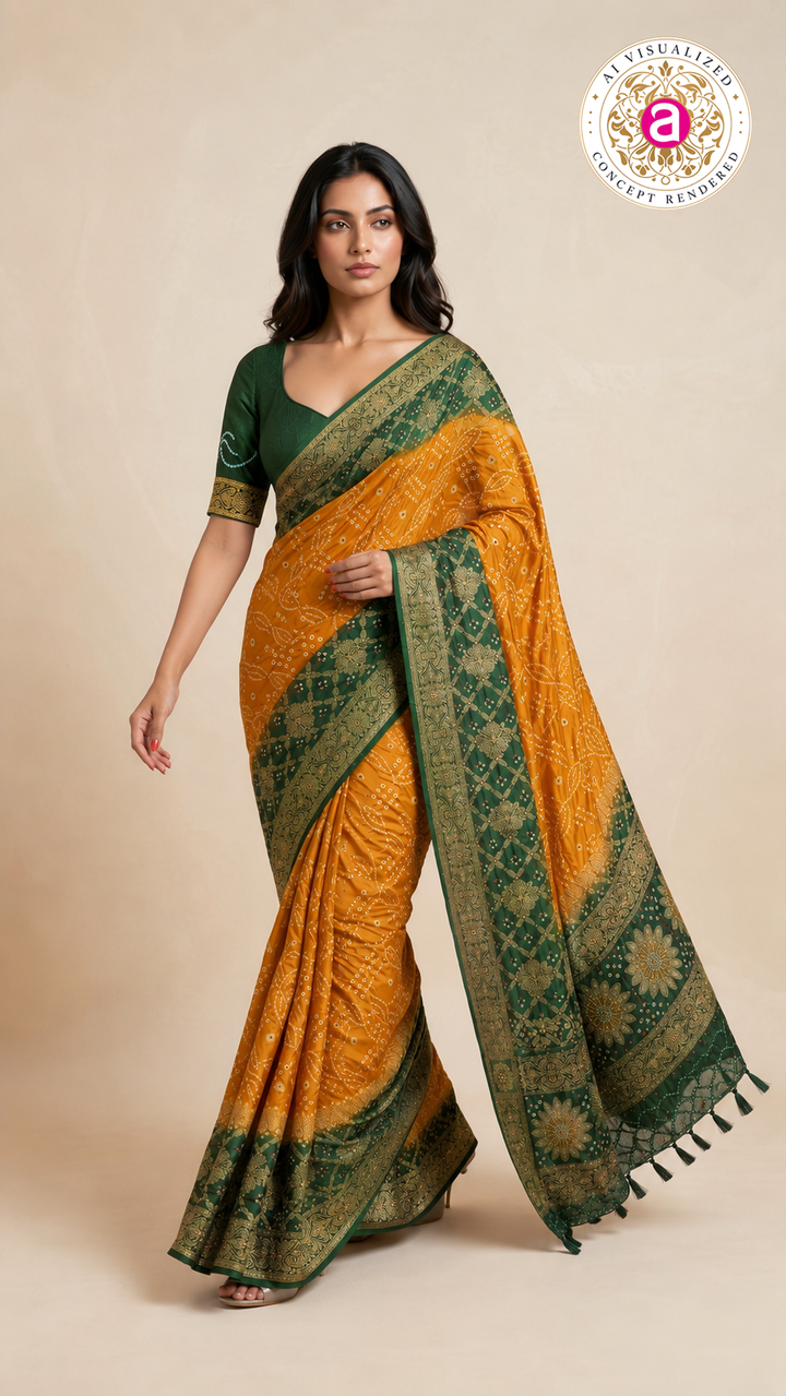 Mustard Yellow & Forest Green Bandhani Silk Saree with Zari Border