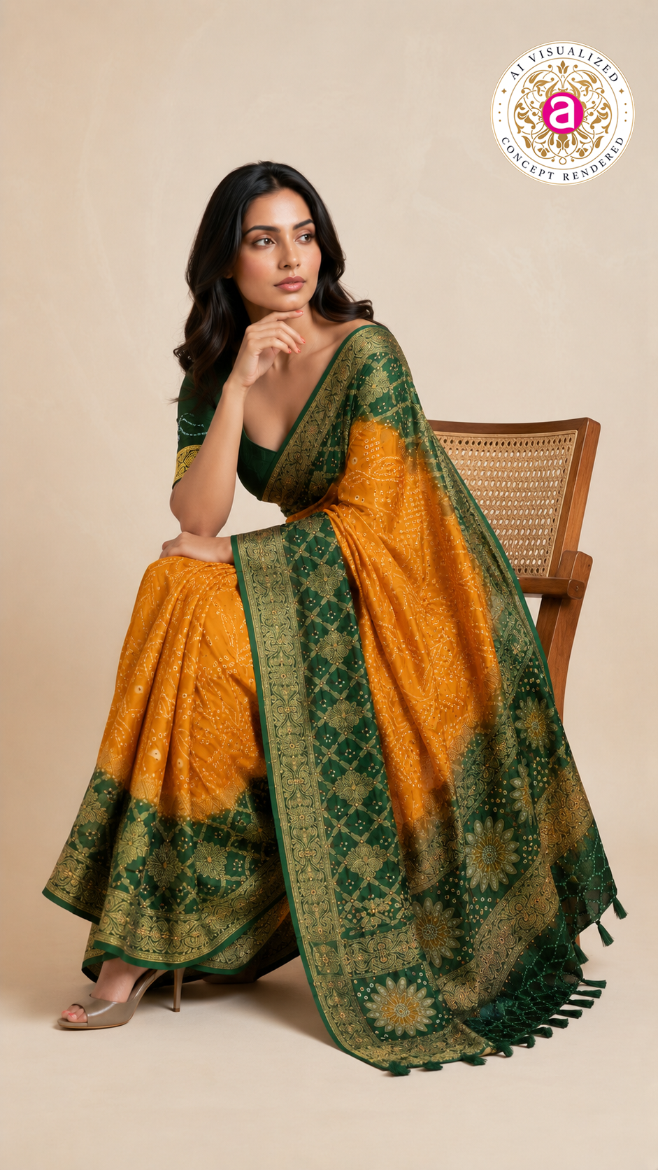 Mustard Yellow & Forest Green Bandhani Silk Saree with Zari Border