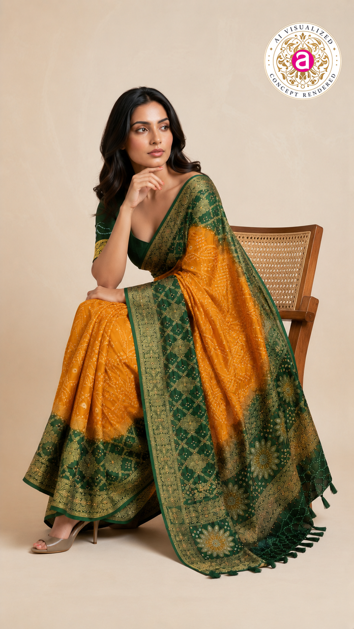 Mustard Yellow & Forest Green Bandhani Silk Saree with Zari Border