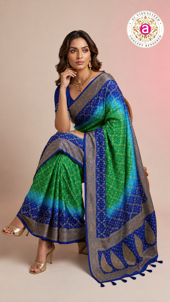 Royal Blue & Emerald Green Bandhani Silk Saree with Zari Border