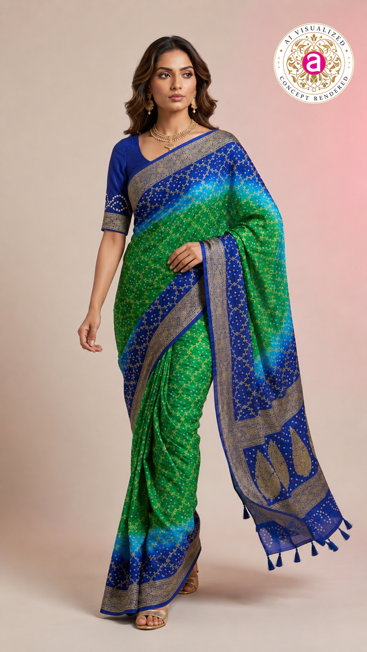 Royal Blue & Emerald Green Bandhani Silk Saree with Zari Border