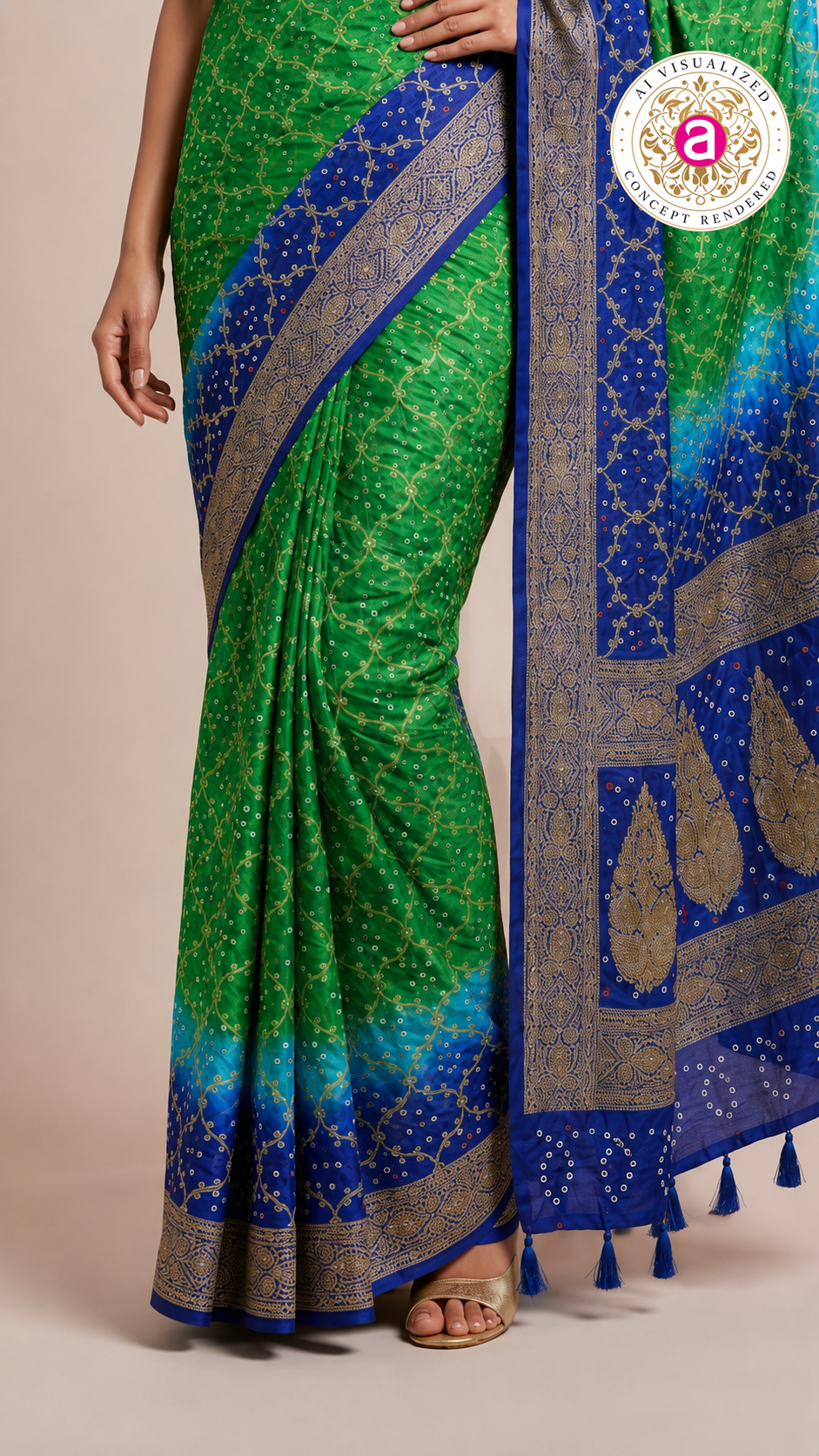 Royal Blue & Emerald Green Bandhani Silk Saree with Zari Border