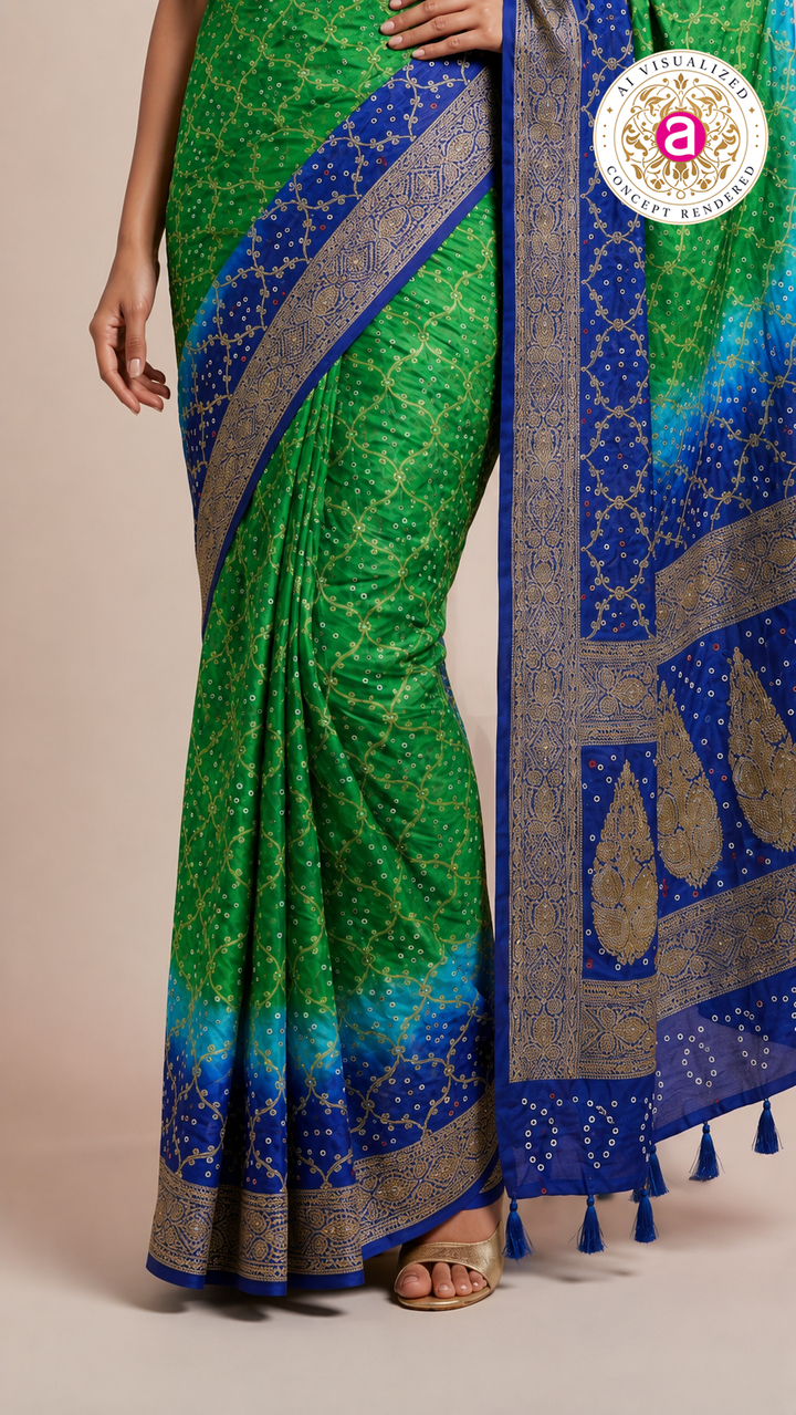 Royal Blue & Emerald Green Bandhani Silk Saree with Zari Border
