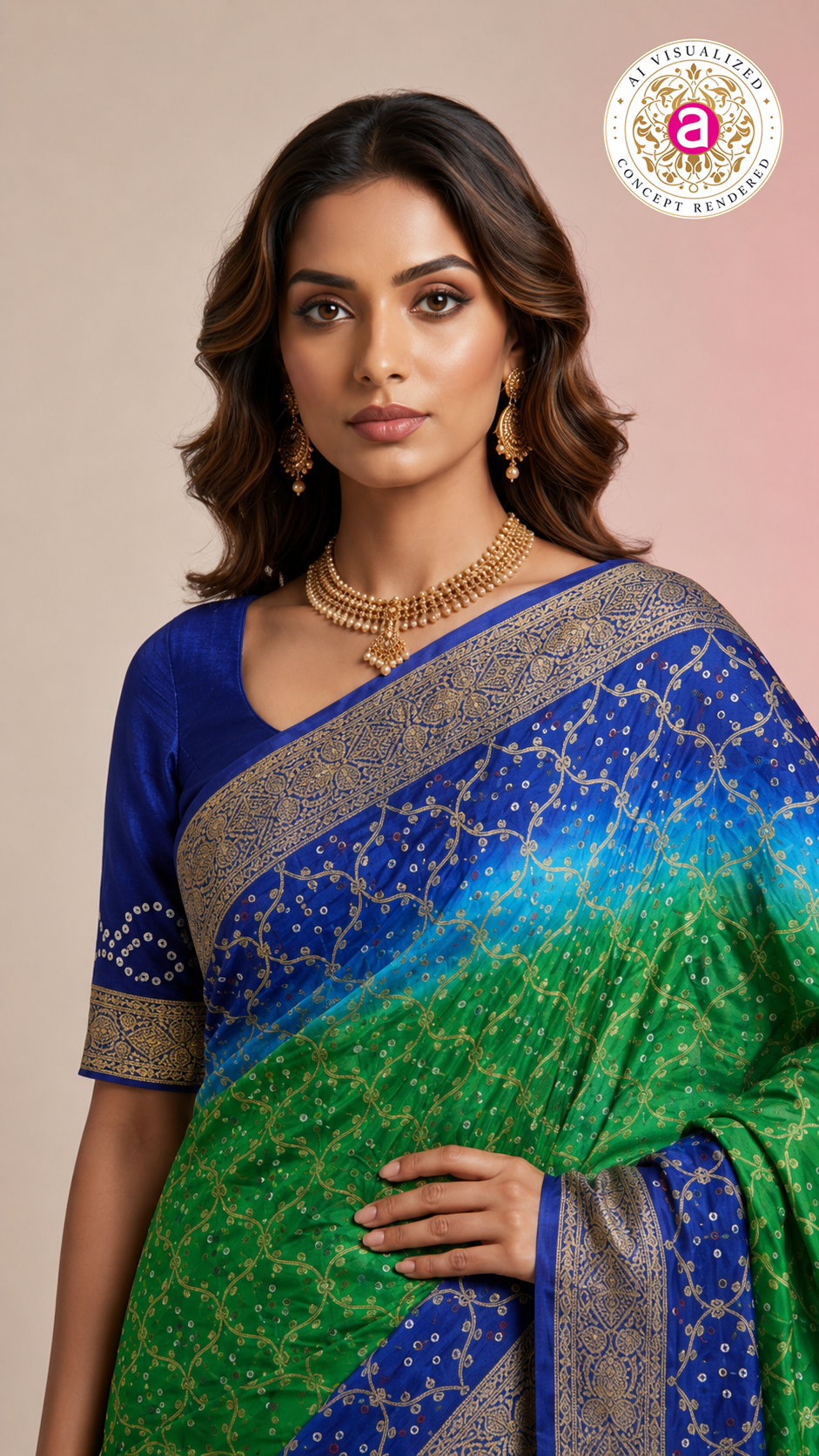 Royal Blue & Emerald Green Bandhani Silk Saree with Zari Border