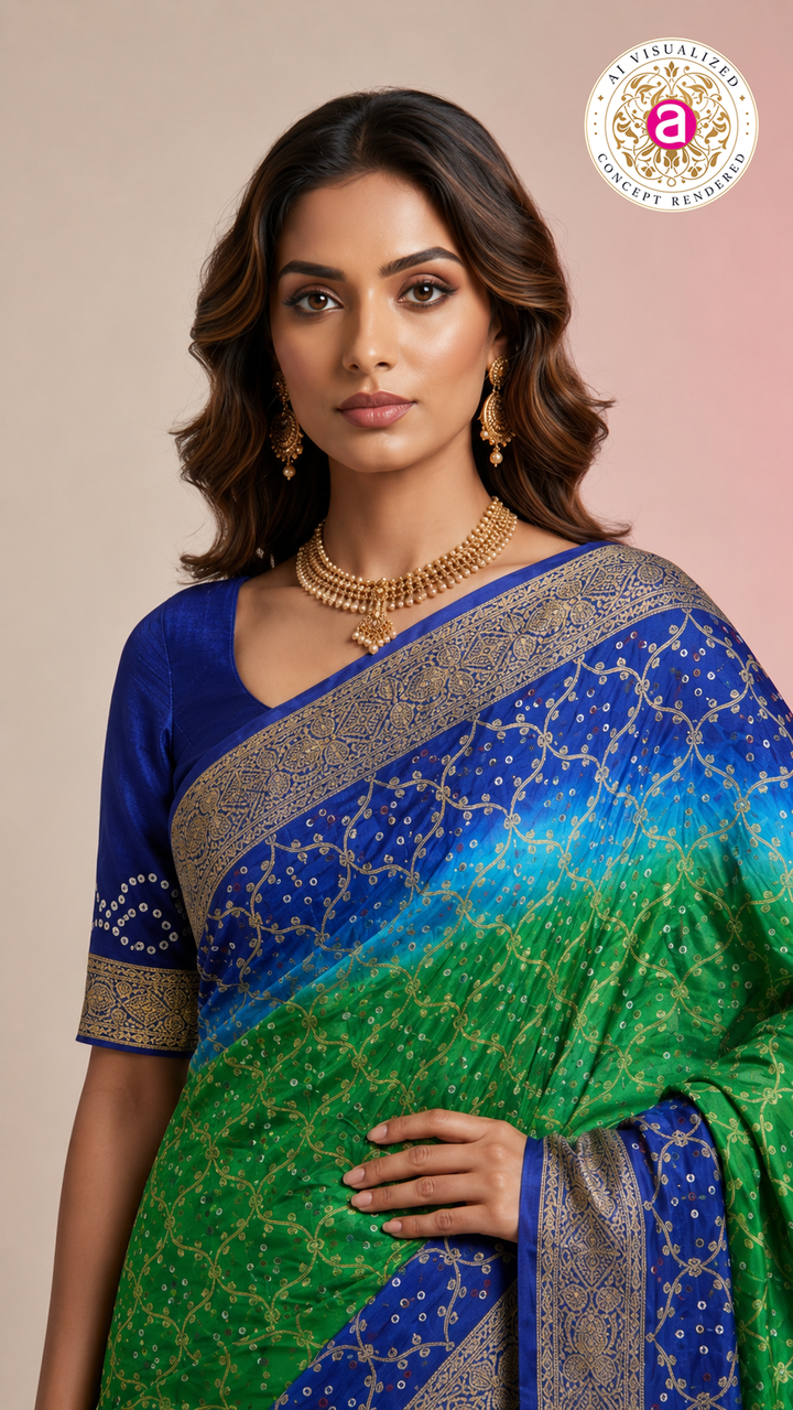 Royal Blue & Emerald Green Bandhani Silk Saree with Zari Border