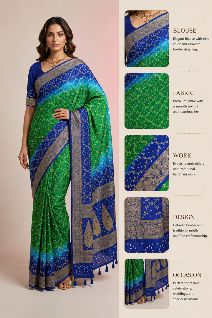 Royal Blue & Emerald Green Bandhani Silk Saree with Zari Border