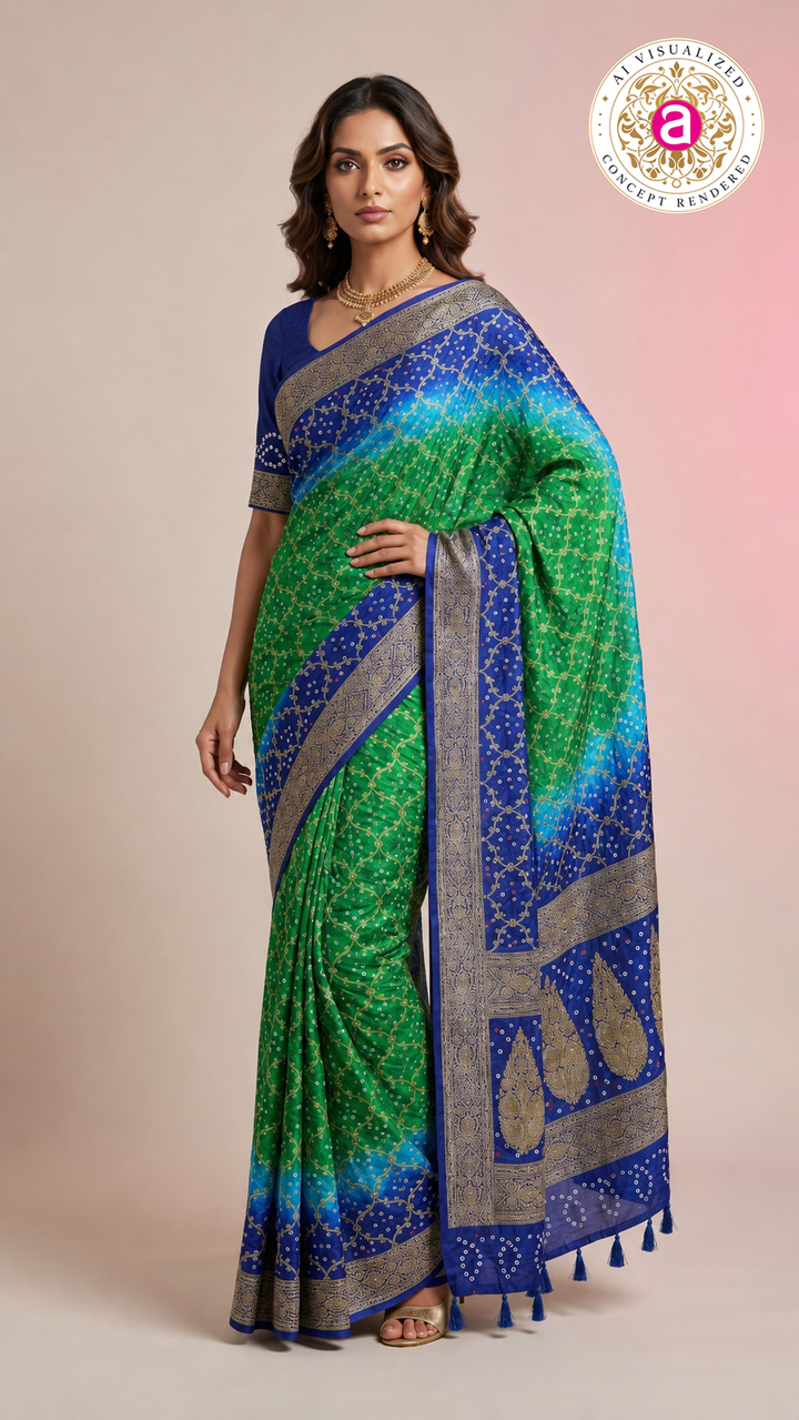 Royal Blue & Emerald Green Bandhani Silk Saree with Zari Border