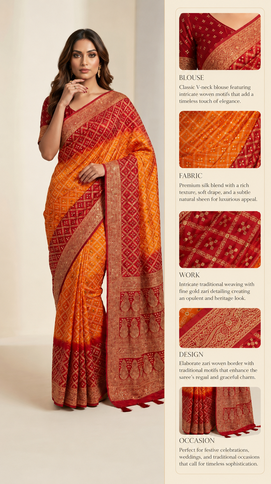 Sunset Orange & Crimson Red Bandhani Silk Saree with Zari Border