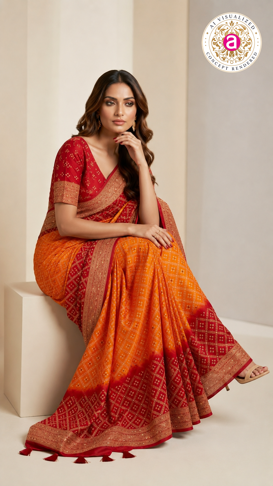 Sunset Orange & Crimson Red Bandhani Silk Saree with Zari Border