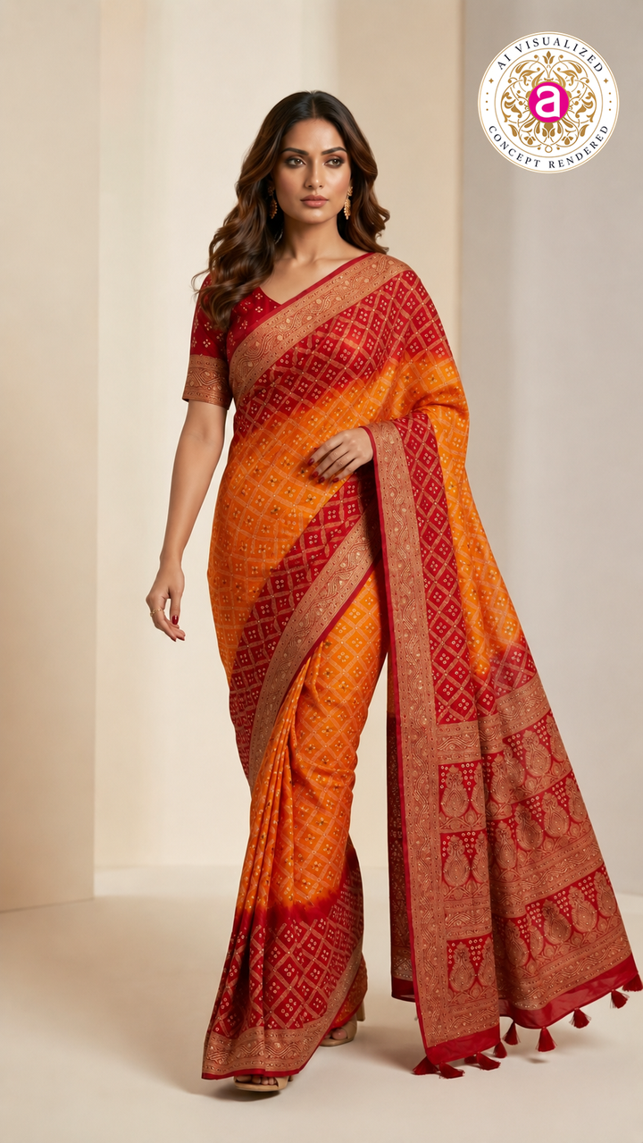 Sunset Orange & Crimson Red Bandhani Silk Saree with Zari Border