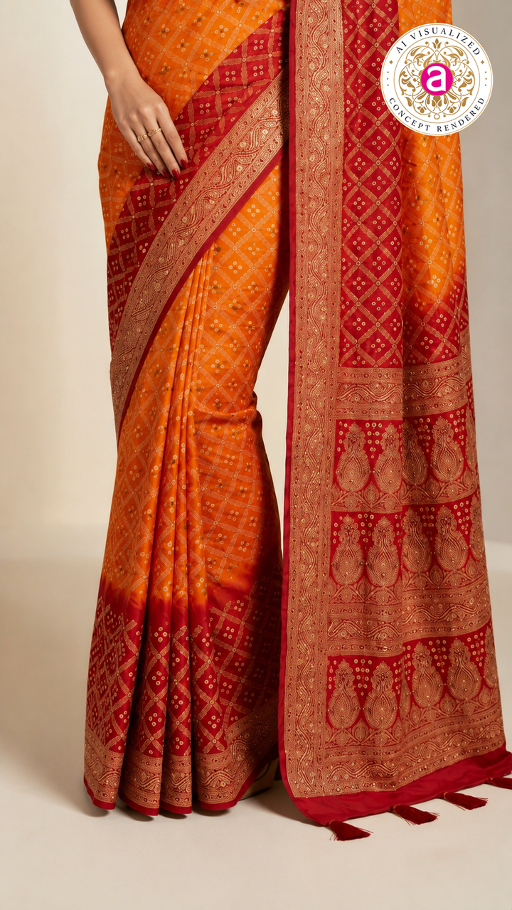 Sunset Orange & Crimson Red Bandhani Silk Saree with Zari Border