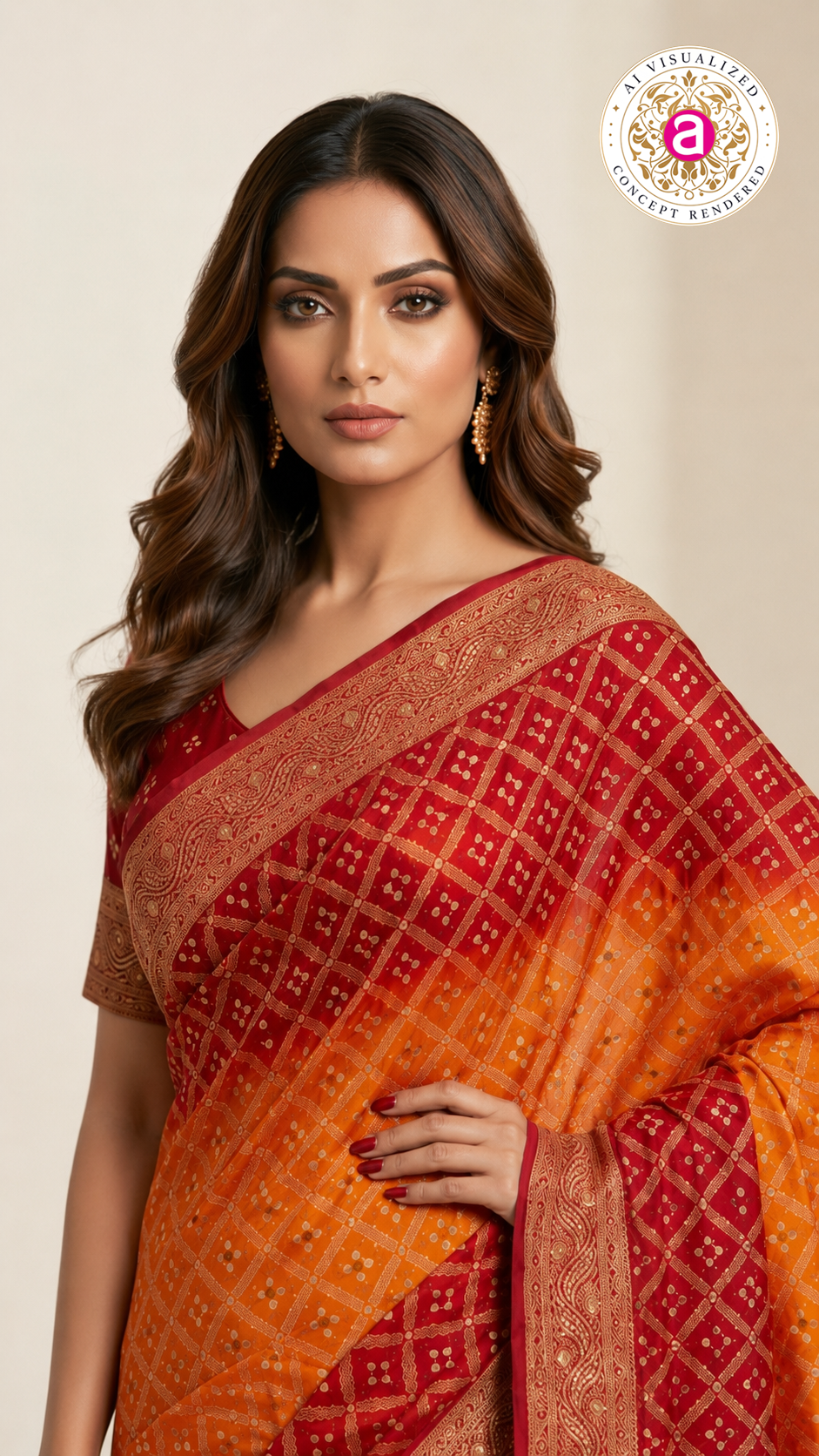 Sunset Orange & Crimson Red Bandhani Silk Saree with Zari Border