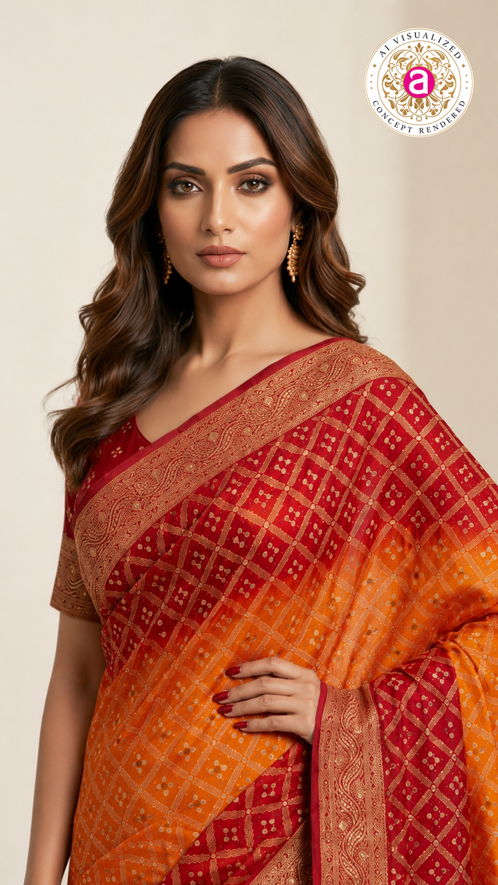 Sunset Orange & Crimson Red Bandhani Silk Saree with Zari Border
