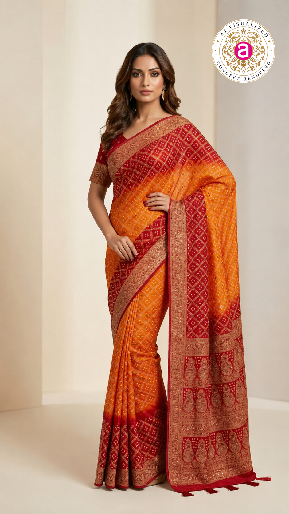Sunset Orange & Crimson Red Bandhani Silk Saree with Zari Border