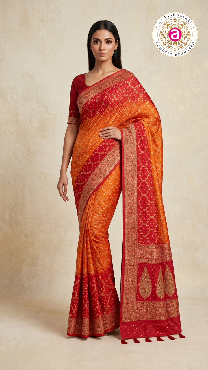 Sunrise Orange & Ruby Red Bandhani Silk Saree with Zari Border