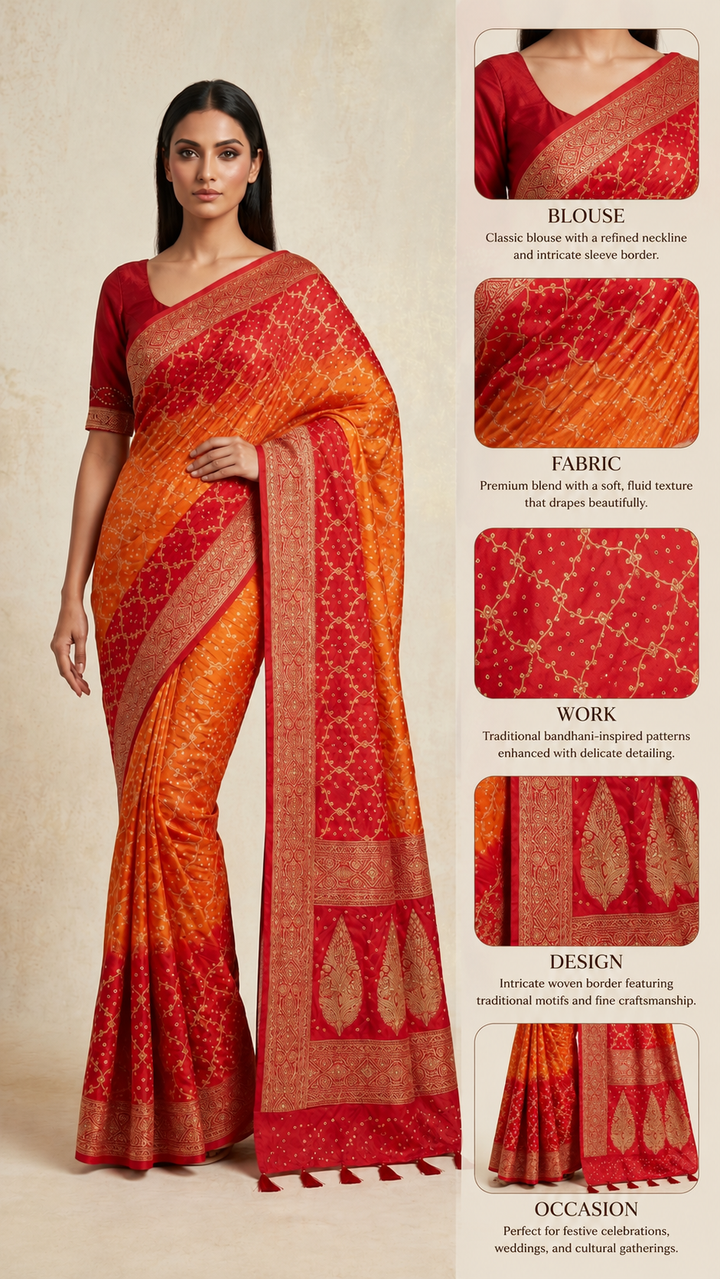 Sunrise Orange & Ruby Red Bandhani Silk Saree with Zari Border