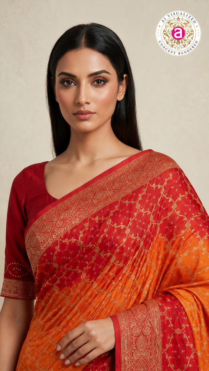 Sunrise Orange & Ruby Red Bandhani Silk Saree with Zari Border