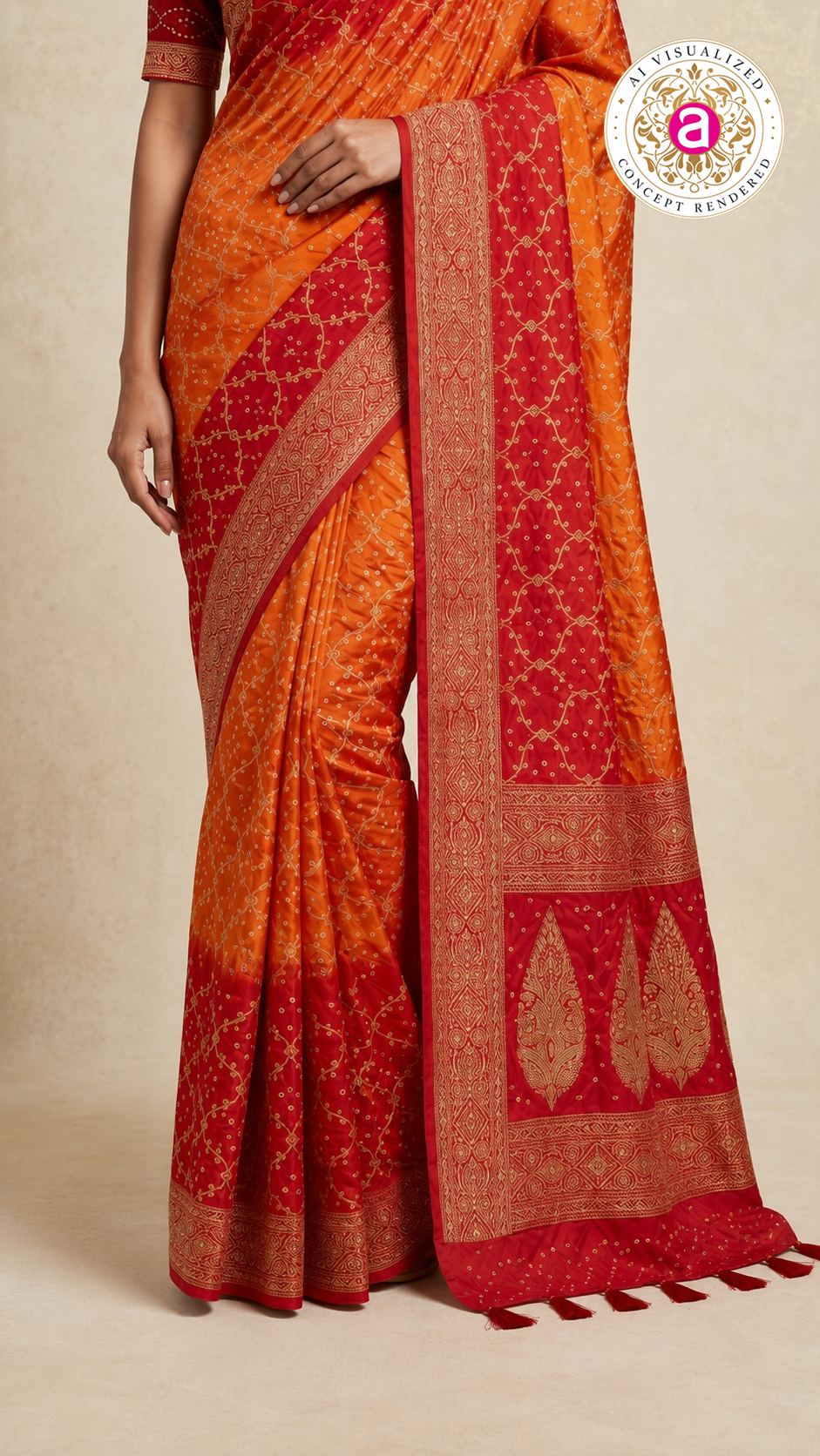 Sunrise Orange & Ruby Red Bandhani Silk Saree with Zari Border