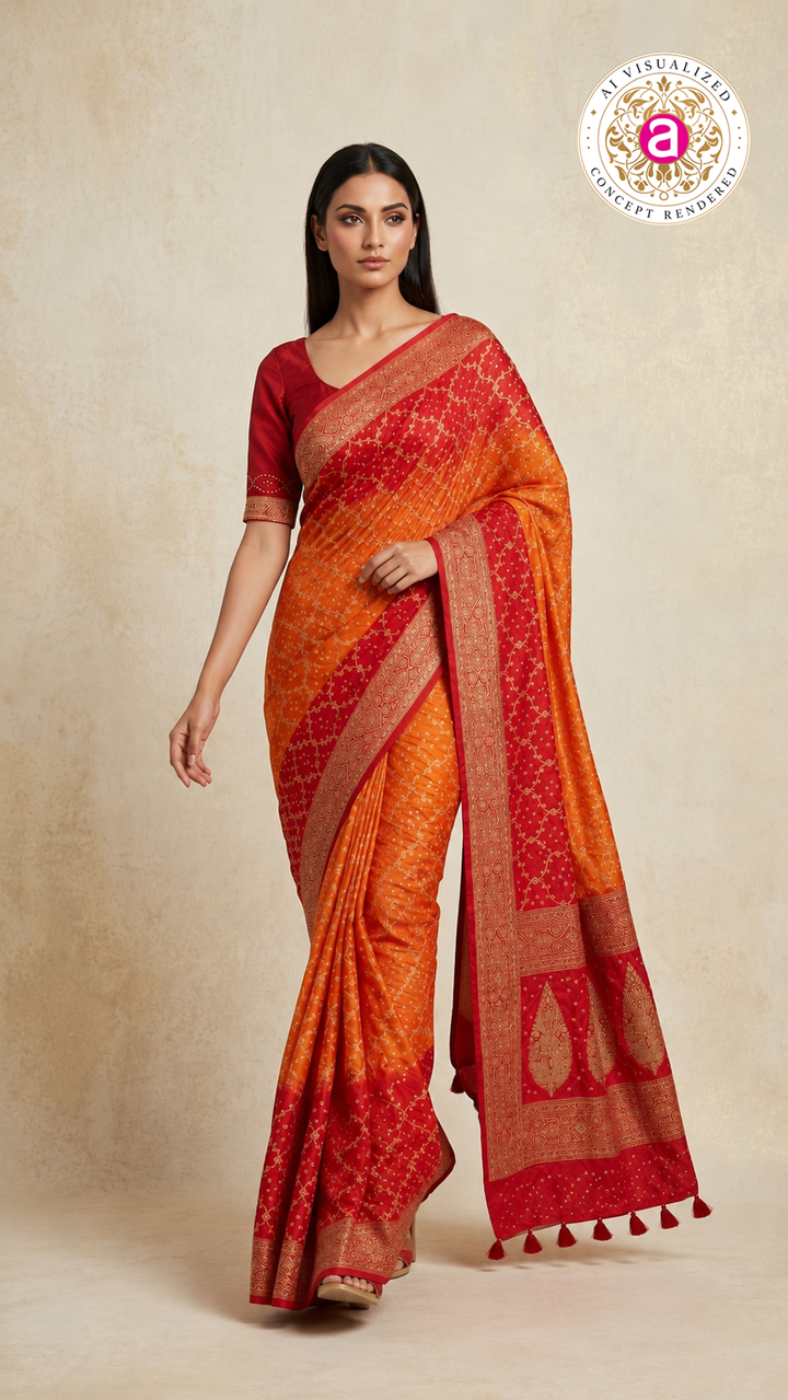Sunrise Orange & Ruby Red Bandhani Silk Saree with Zari Border