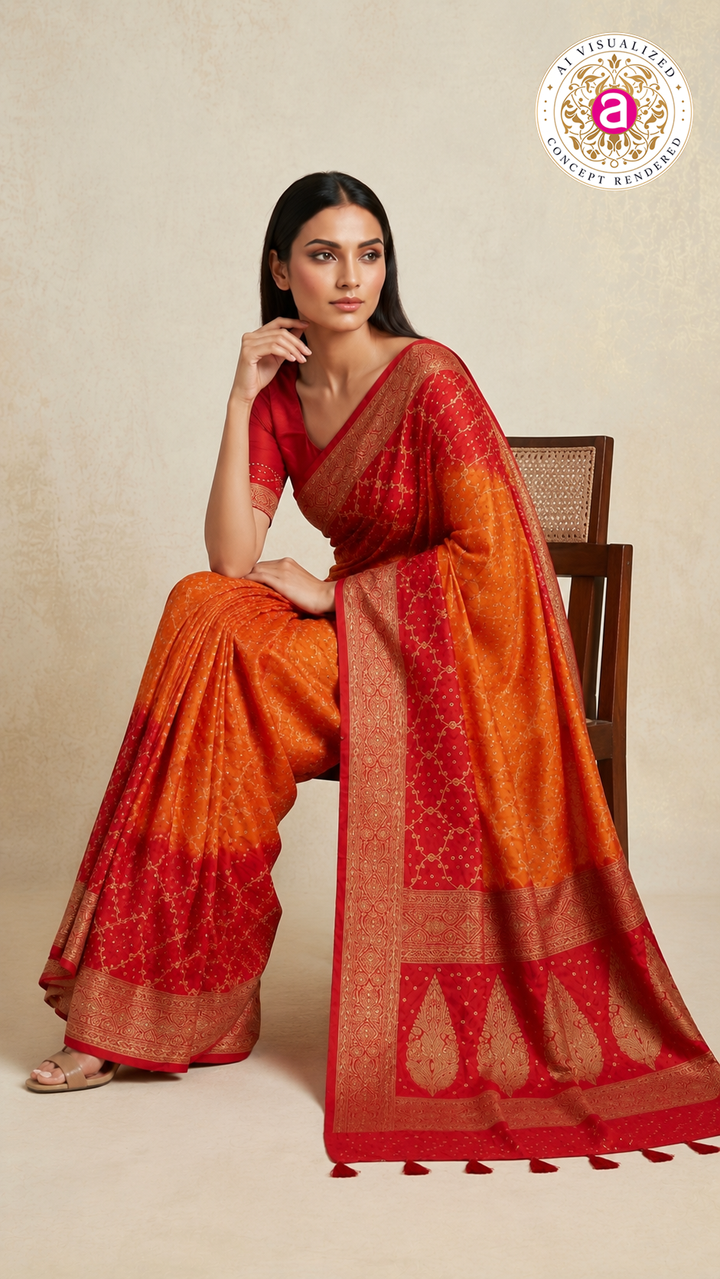 Sunrise Orange & Ruby Red Bandhani Silk Saree with Zari Border