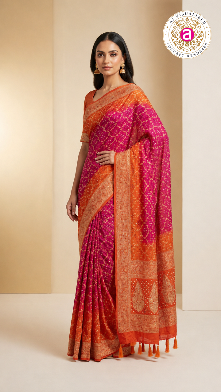 Rani Pink & Tangerine Orange Bandhani Silk Saree with Zari Border
