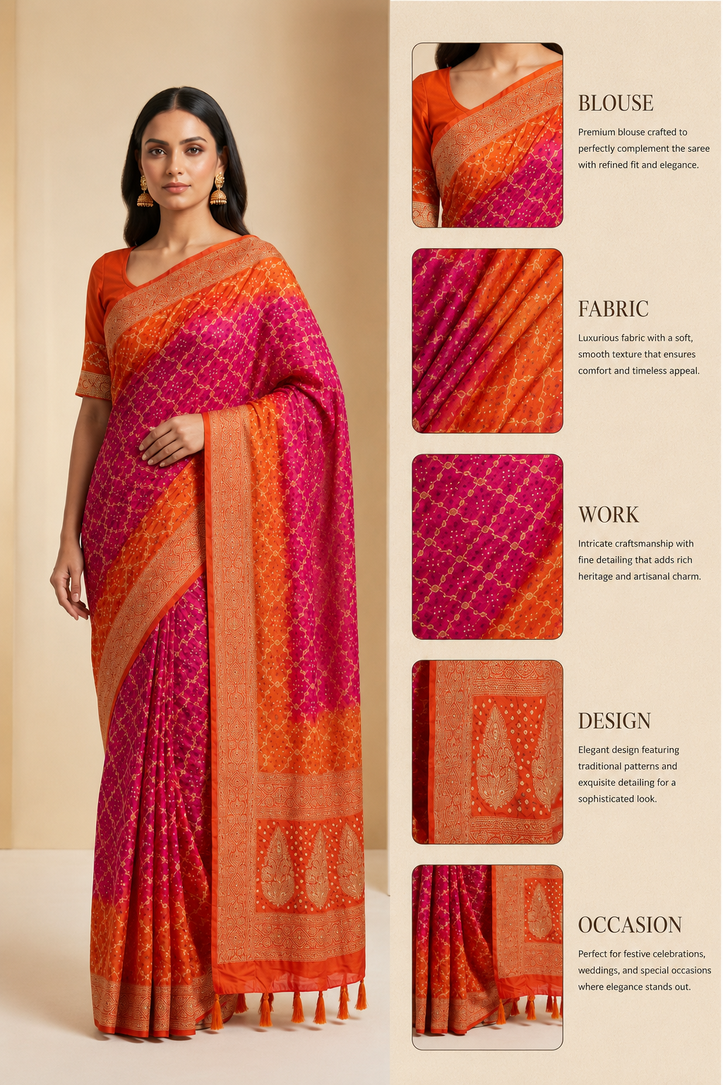 Rani Pink & Tangerine Orange Bandhani Silk Saree with Zari Border