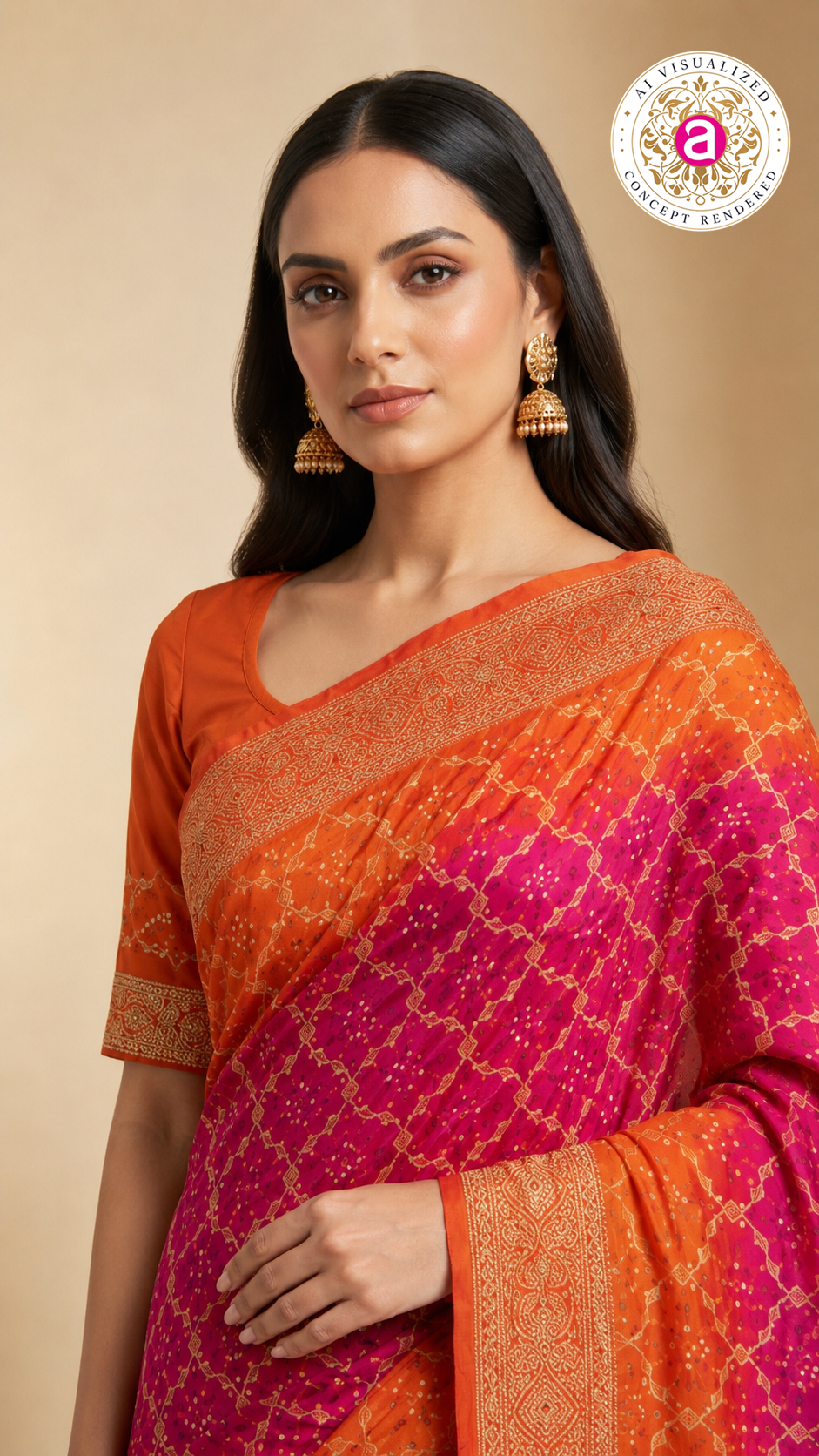 Rani Pink & Tangerine Orange Bandhani Silk Saree with Zari Border