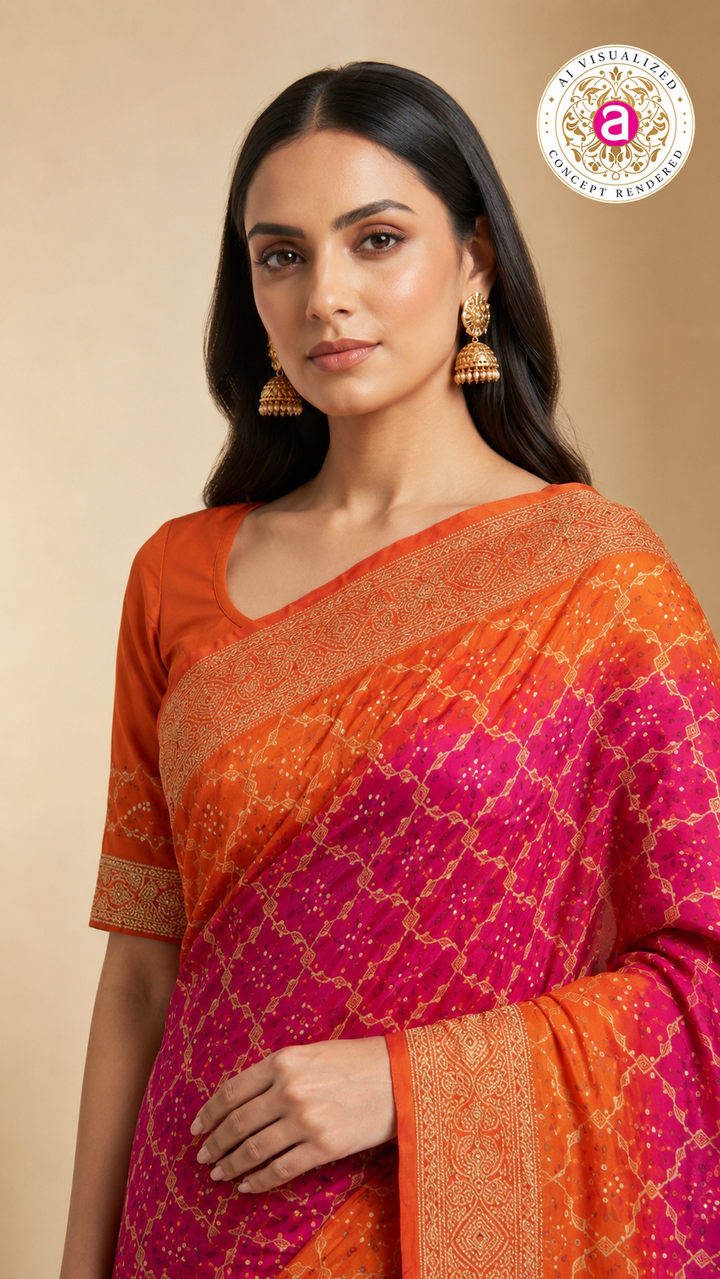 Rani Pink & Tangerine Orange Bandhani Silk Saree with Zari Border