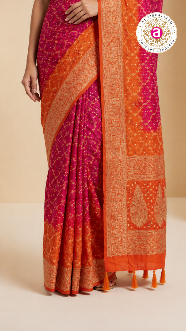 Rani Pink & Tangerine Orange Bandhani Silk Saree with Zari Border