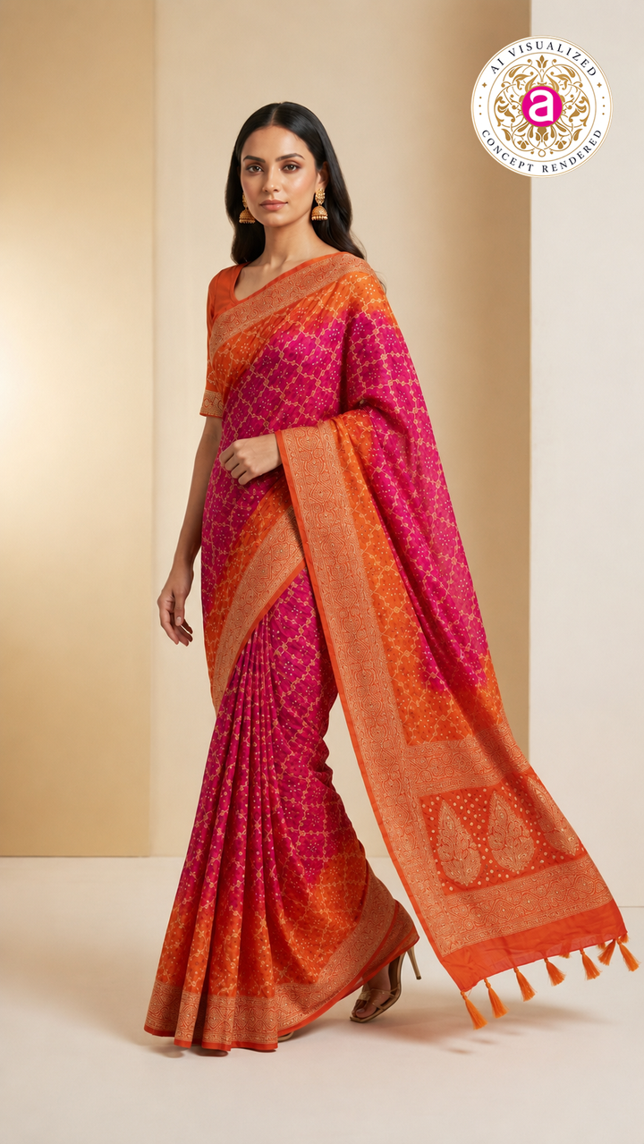 Rani Pink & Tangerine Orange Bandhani Silk Saree with Zari Border