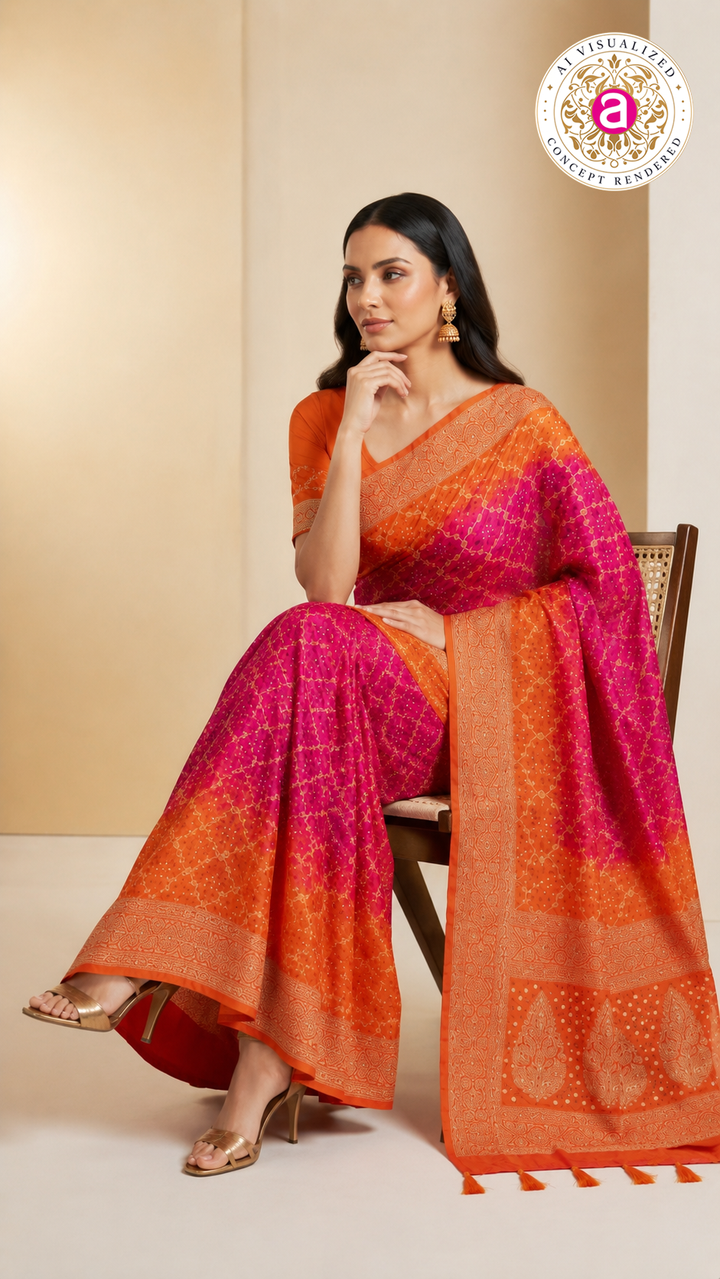 Rani Pink & Tangerine Orange Bandhani Silk Saree with Zari Border